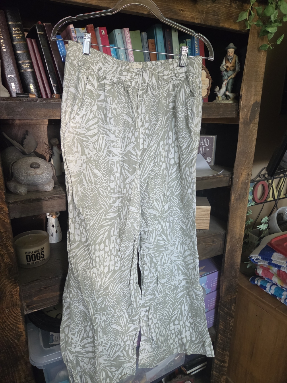 Christian Siriano Sage Green and White Botanical Linen Pants